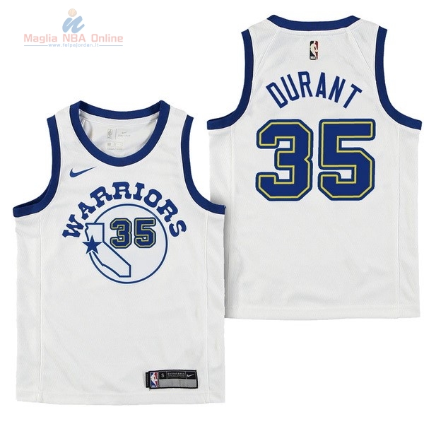 Acquista Maglia NBA Bambino Golden State Warriors #35 Kevin Durant Nike Retro Bianco 2017-18