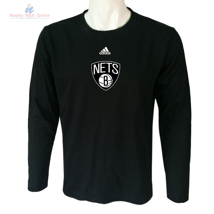 Acquista T-Shirt Brooklyn Nets Maniche Lunghe Nero Bianco