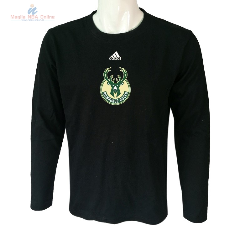 Acquista T-Shirt Milwaukee Bucks Maniche Lunghe Nero