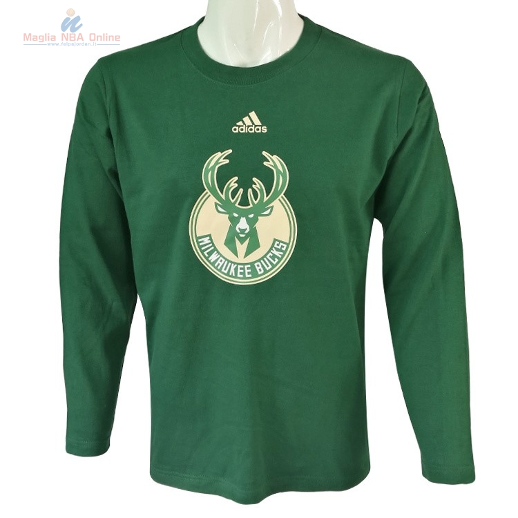 Acquista T-Shirt Milwaukee Bucks Maniche Lunghe Verde