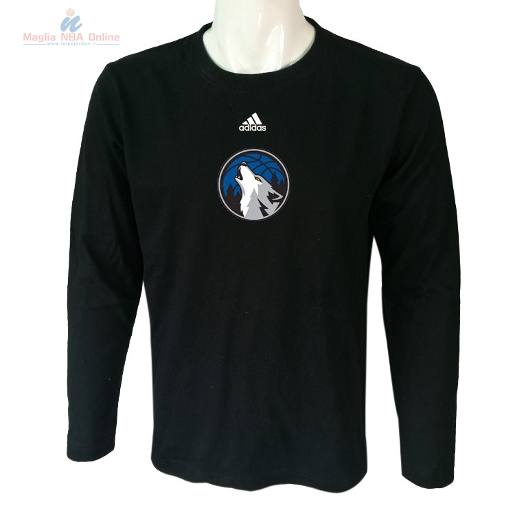 Acquista T-Shirt Minnesota Timberwolves Maniche Lunghe Nero