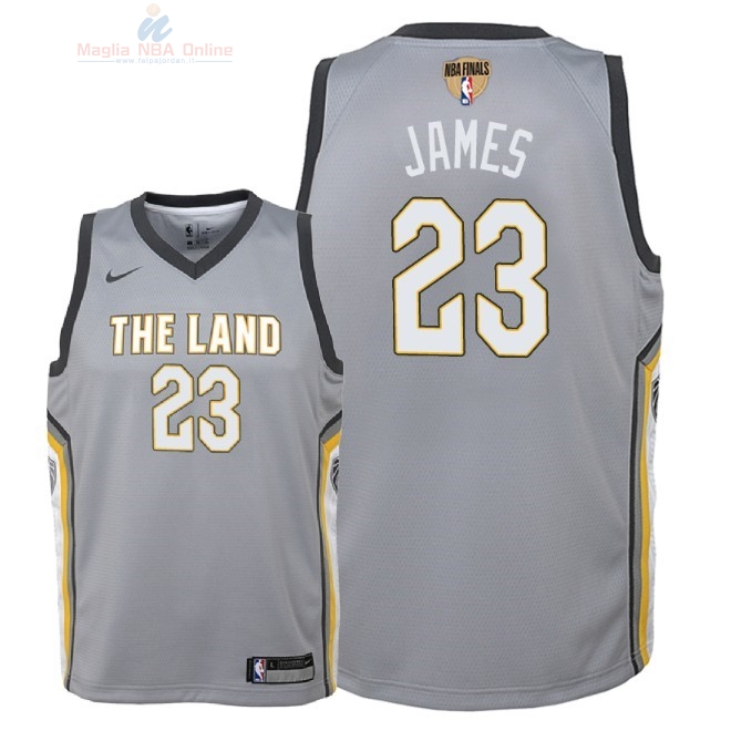 Acquista Maglia NBA Bambino Cleveland Cavaliers Finale Campioni 2018 #23 LeBron James Nike Grigio Città Patch