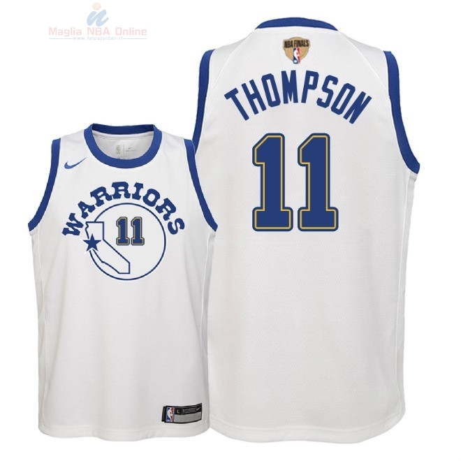 Acquista Maglia NBA Bambino Golden State Warriors Finale Campioni 2018 #11 Klay Thompson Nike Retro Bianco Patch