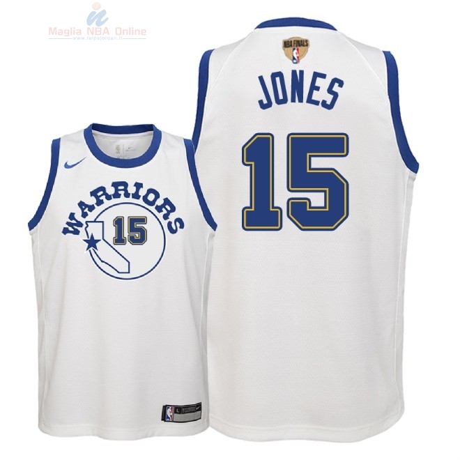 Acquista Maglia NBA Bambino Golden State Warriors Finale Campioni 2018 #15 Damian Jones Nike Retro Bianco Patch