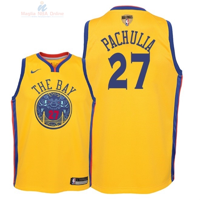 Acquista Maglia NBA Bambino Golden State Warriors Finale Campioni 2018 #27 Zaza Pachulia Nike Giallo Città Patch