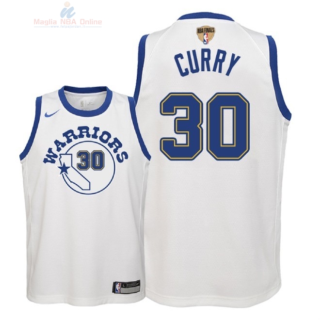 Acquista Maglia NBA Bambino Golden State Warriors Finale Campioni 2018 #30 Stephen Curry Nike Retro Bianco Patch