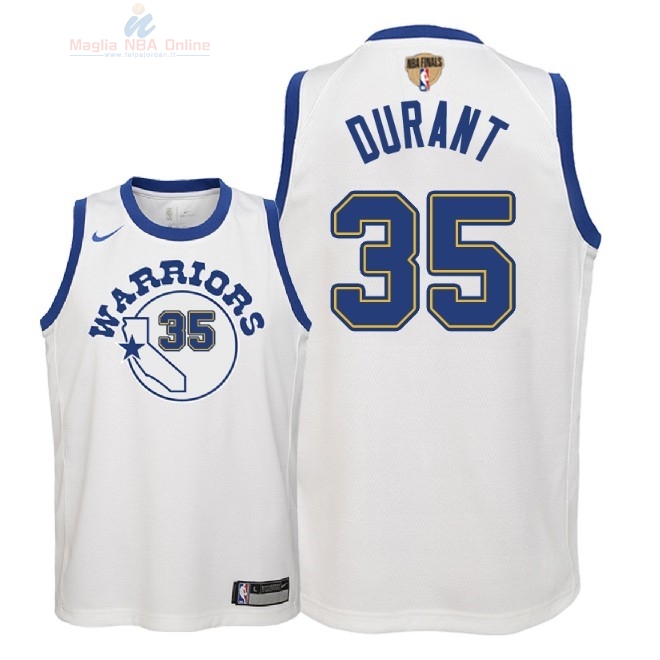 Acquista Maglia NBA Bambino Golden State Warriors Finale Campioni 2018 #35 Kevin Durant Nike Retro Bianco Patch