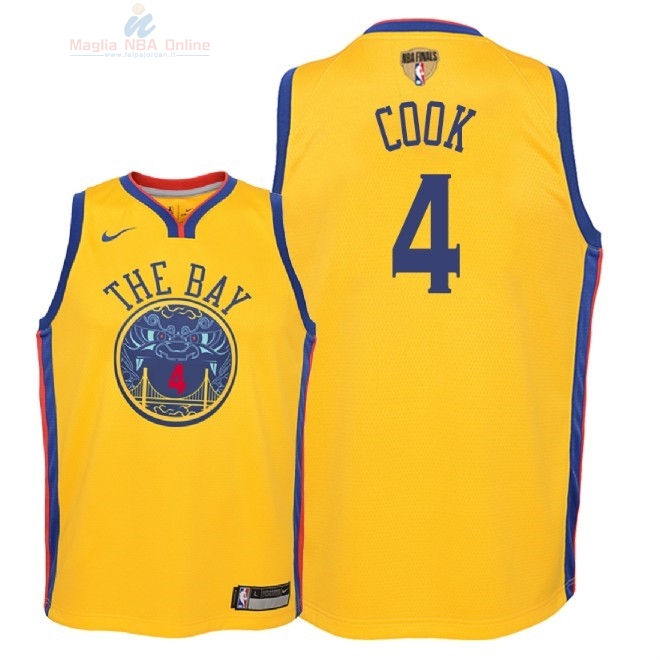 Acquista Maglia NBA Bambino Golden State Warriors Finale Campioni 2018 #4 Quinn Cook Nike Giallo Città Patch