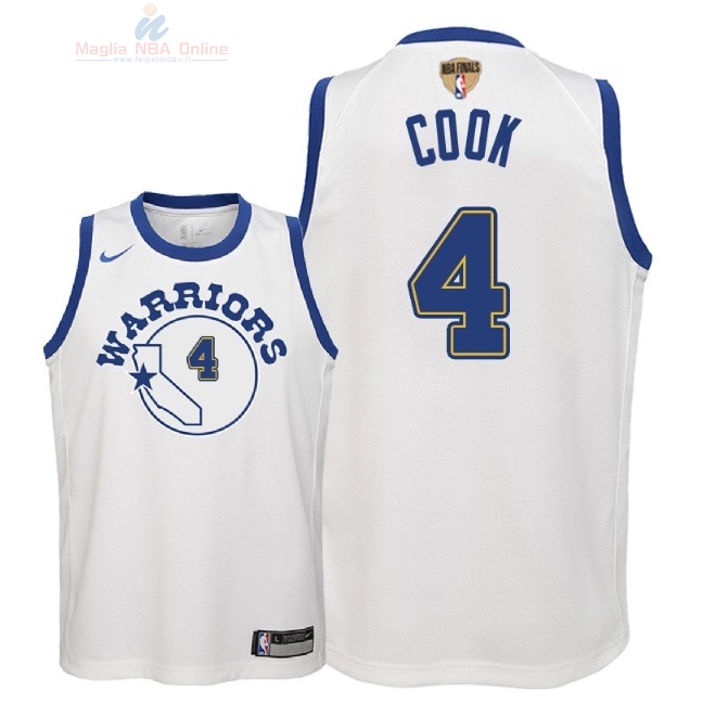 Acquista Maglia NBA Bambino Golden State Warriors Finale Campioni 2018 #4 Quinn Cook Nike Retro Bianco Patch