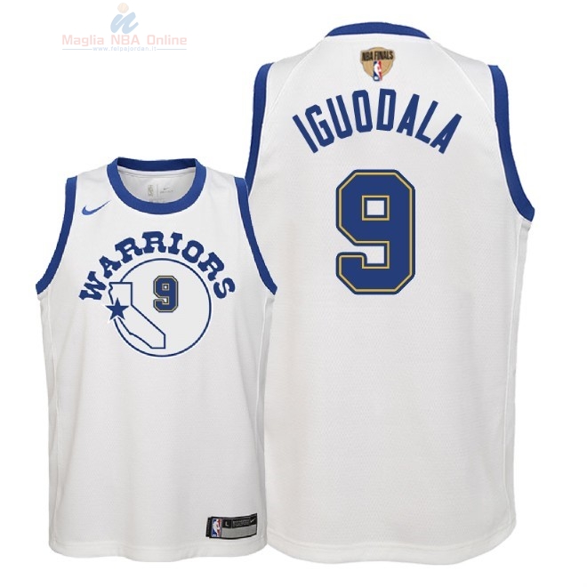 Acquista Maglia NBA Bambino Golden State Warriors Finale Campioni 2018 #9 Andre Iguodala Nike Retro Bianco Patch