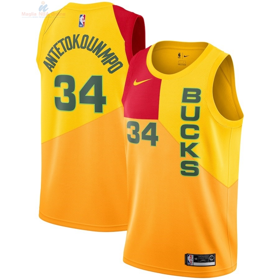 Acquista Maglia NBA Bambino Milwaukee Bucks #34 Giannis Antetokounmpo Nike Giallo Città 2018-19