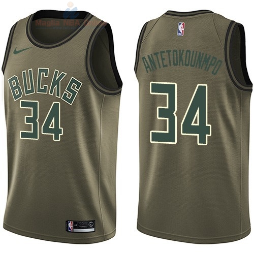 Acquista Maglia NBA Milwaukee Bucks Servizio Di Saluto #34 Giannis Antetokounmpo Nike Army Green 2018