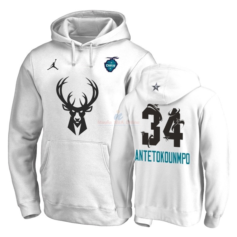 Acquista Felpe Con Cappuccio NBA 2019 All Star Milwaukee Bucks #34 Giannis Antetokounmpo Bianco