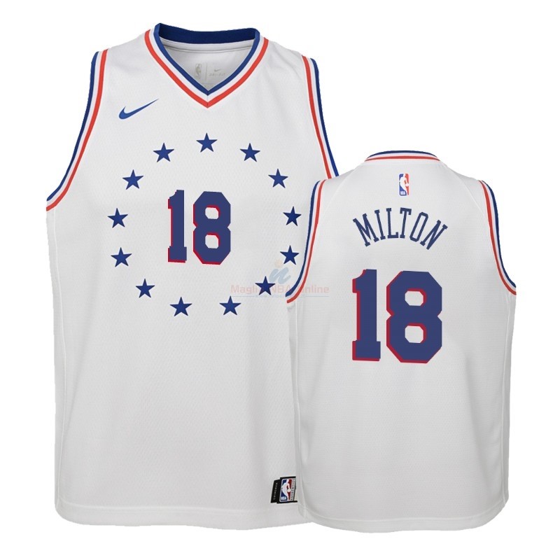 Acquista Maglia NBA Bambino Earned Edition Philadelphia Sixers #18 Shake Milton Bianco 2018-19