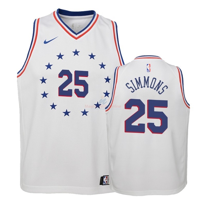 Acquista Maglia NBA Bambino Earned Edition Philadelphia Sixers #25 Ben Simmons Bianco 2018-19