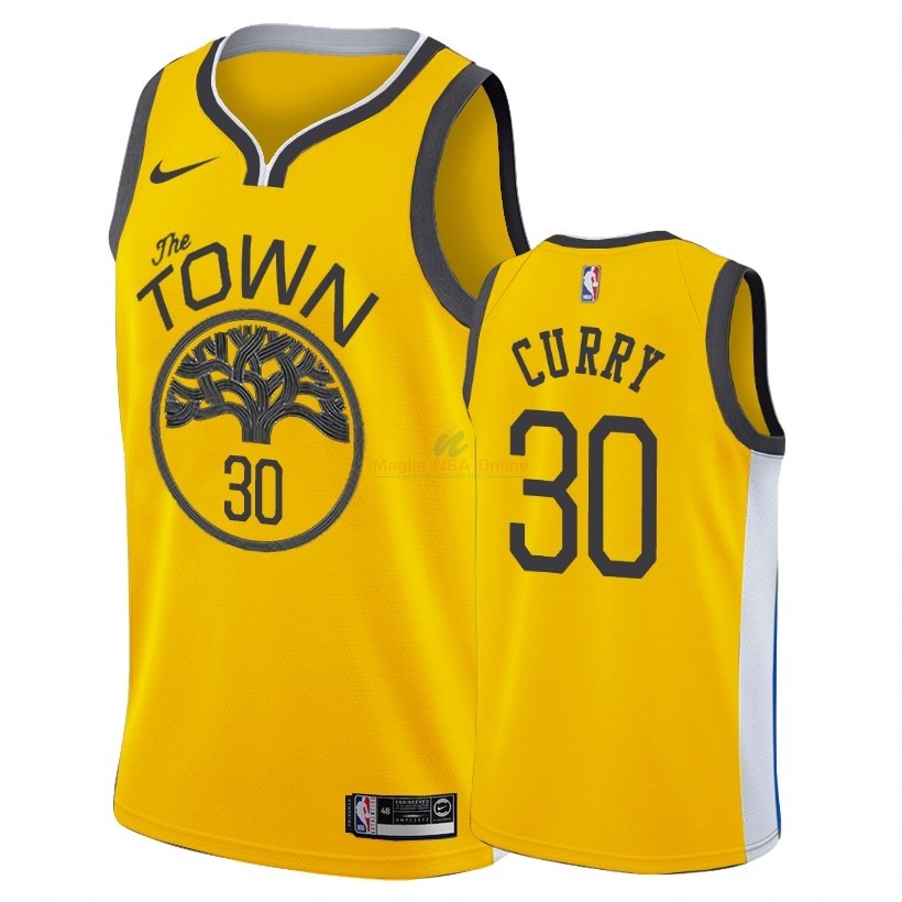 Acquista Maglia NBA Earned Edition Golden State Warriors #30 Stephen Curry Nike Oro 2018-19