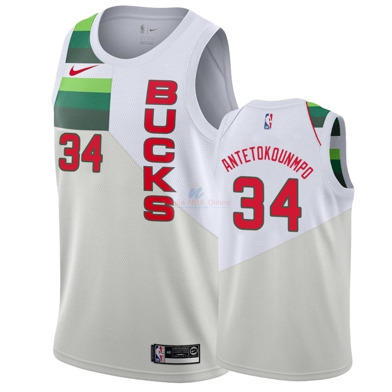 Acquista Maglia NBA Earned Edition Milwaukee Bucks #34 Giannis Antetokounmpo Bianco 2018-19