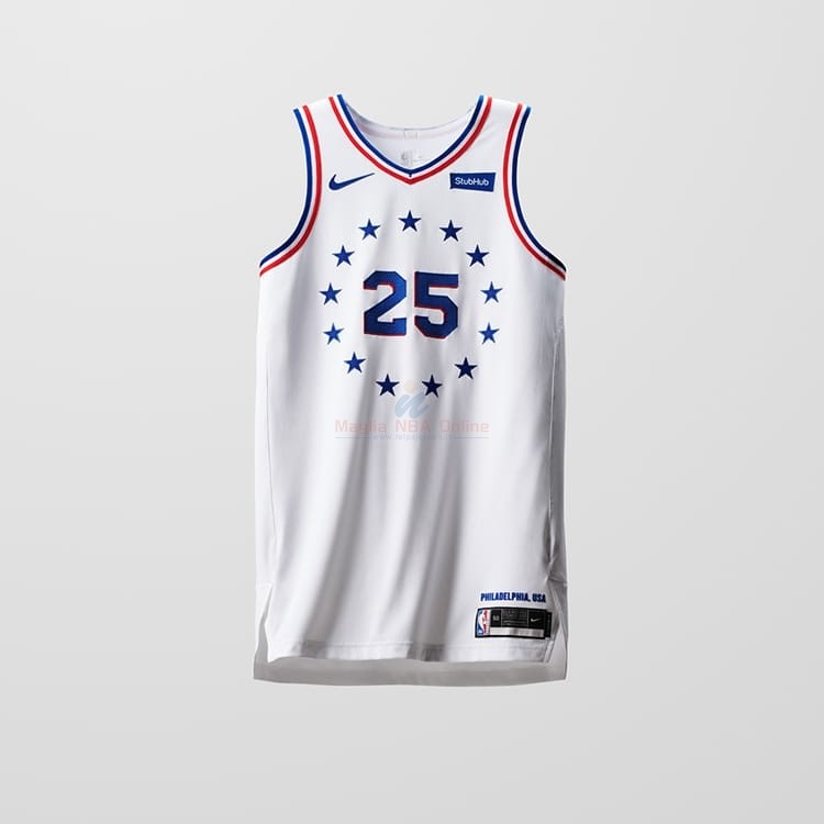 Acquista Maglia NBA Earned Edition Philadelphia Sixers #25 Ben Simmons Bianco 2018-19