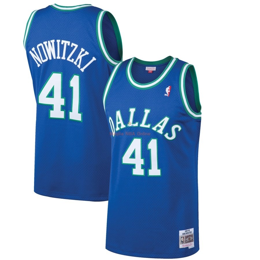 Acquista Maglia NBA CDallas Mavericks #41 Dirk Nowitzki Blu Hardwood Classics 1998-99