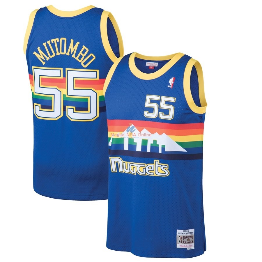 Acquista Maglia NBA Denver Nuggets #55 Dikembe Mutombo Blu Hardwood Classics 1991-92