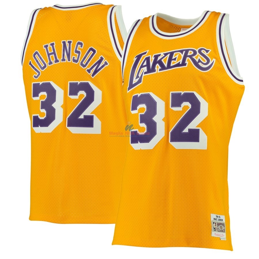 Acquista Maglia NBA Los Angeles Lakers #32 Magic Johnson Giallo Hardwood Classics 1984-85