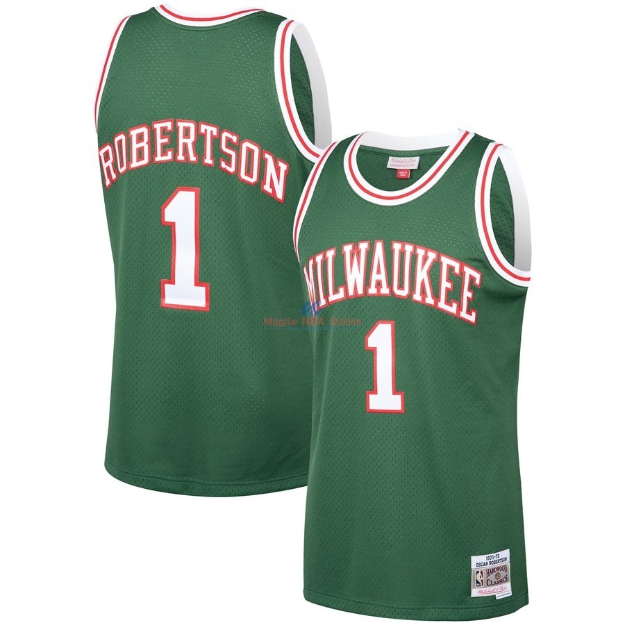 Acquista Maglia NBA Milwaukee Bucks #1 Oscar Robertson Verde Hardwood Classics 1971-72