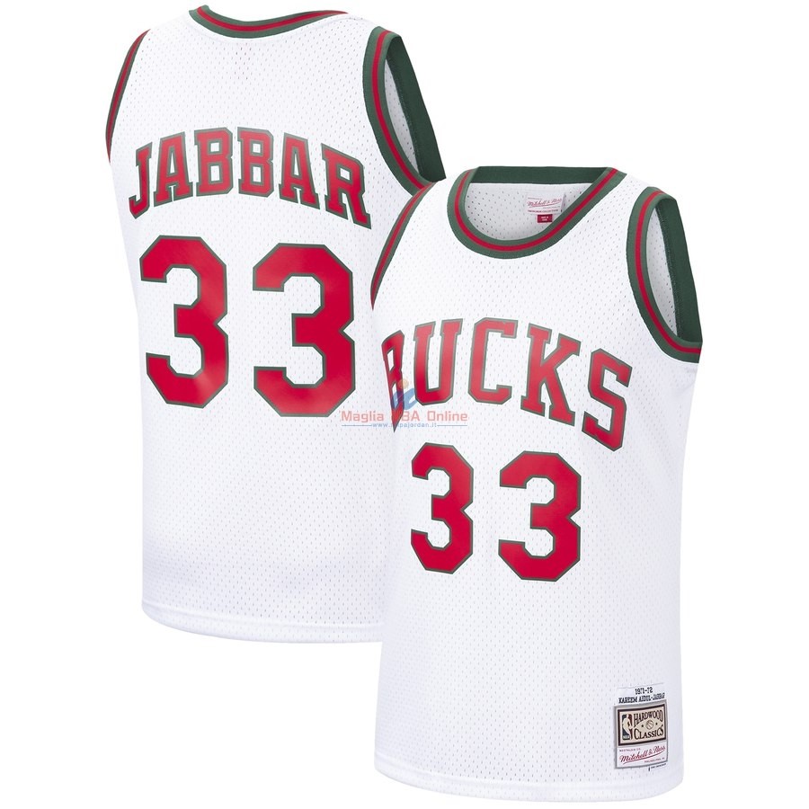 Acquista Maglia NBA Milwaukee Bucks #33 Kareem Abdul Jabbar Bianco Hardwood Classics 1971-72