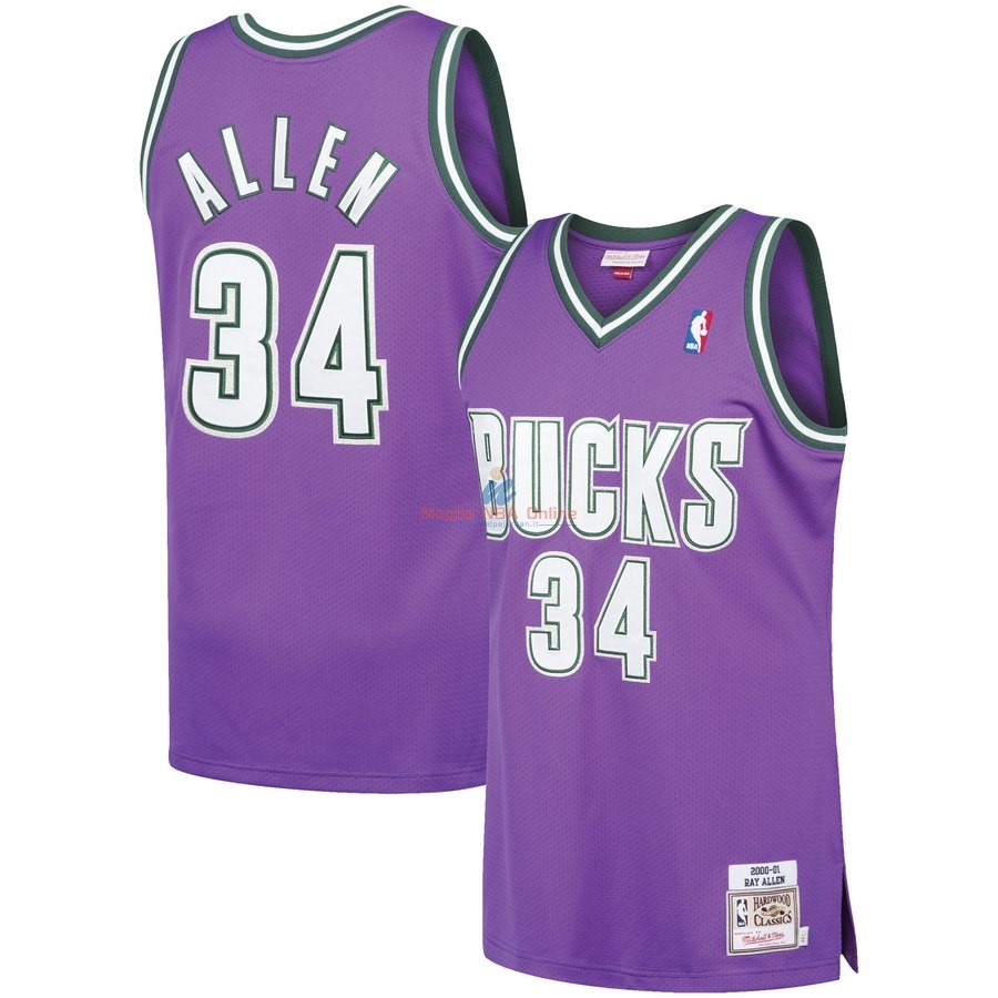 Acquista Maglia NBA Milwaukee Bucks #34 Ray Allen Porpora Hardwood Classics 2000-01