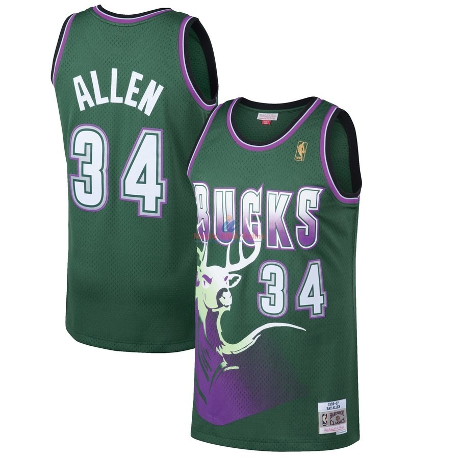 Acquista Maglia NBA Milwaukee Bucks #34 Ray Allen Verde Hardwood Classics 1996-97