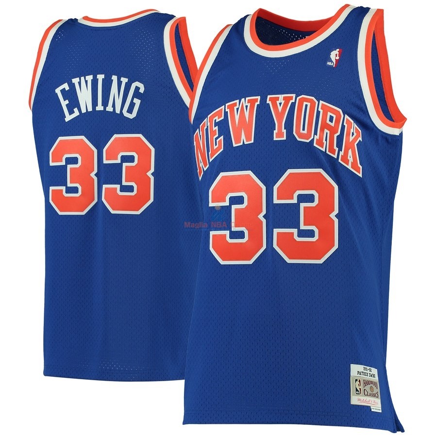Acquista Maglia NBA New York Knicks #33 Patrick Ewing Blu Hardwood Classics 1991-92