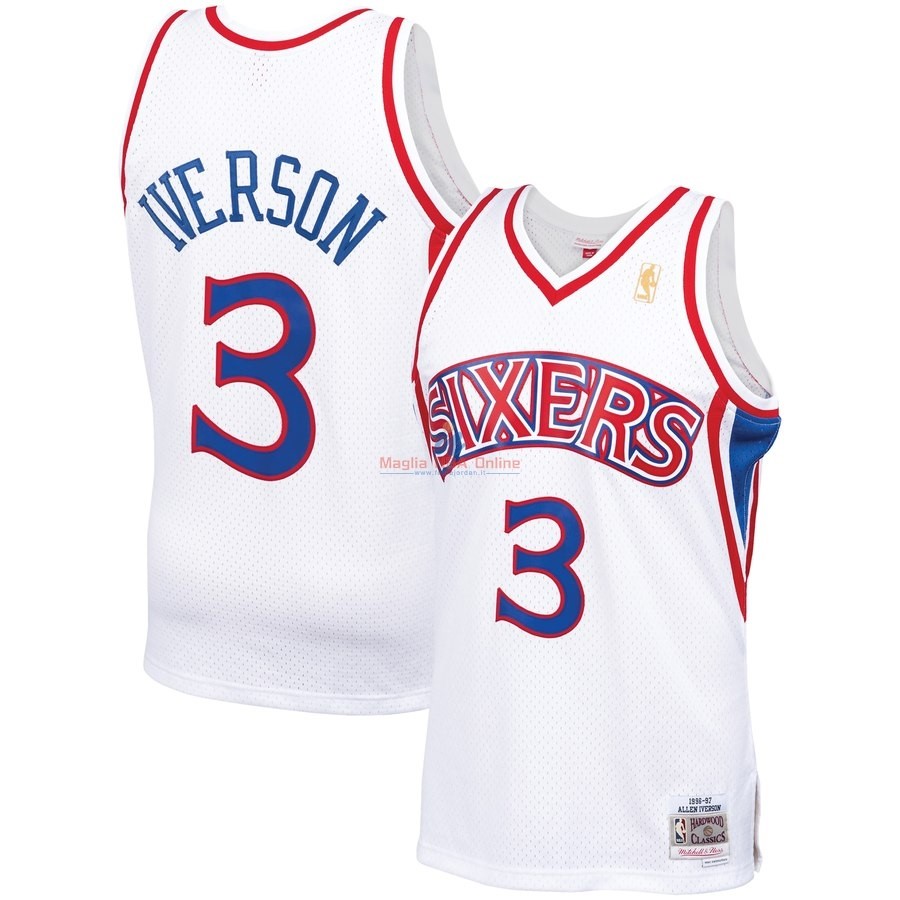 Acquista Maglia NBA Philadelphia Sixers #3 Allen Iverson Bianco Hardwood Classics 1996-97