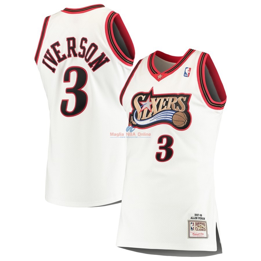 Acquista Maglia NBA Philadelphia Sixers #3 Allen Iverson Bianco Hardwood Classics 1997-98