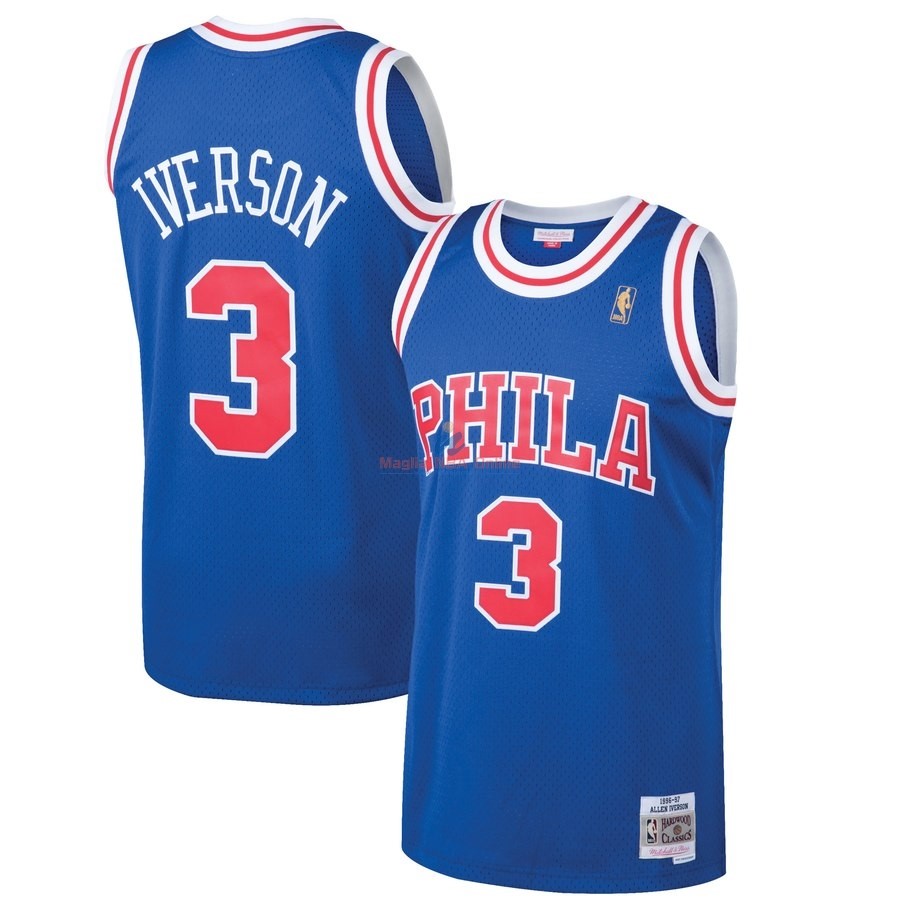 Acquista Maglia NBA Philadelphia Sixers #3 Allen Iverson Blu Hardwood Classics 1996-97