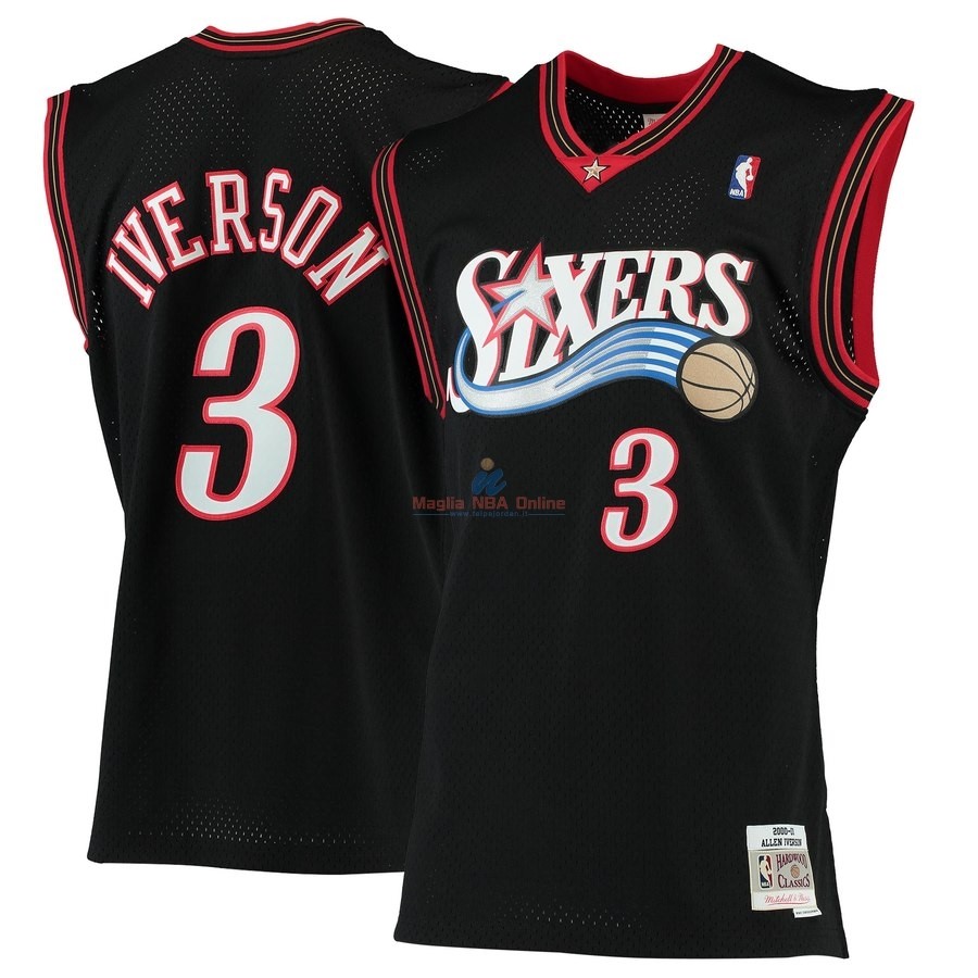 Acquista Maglia NBA Philadelphia Sixers #3 Allen Iverson Nero Hardwood Classics 2000-01