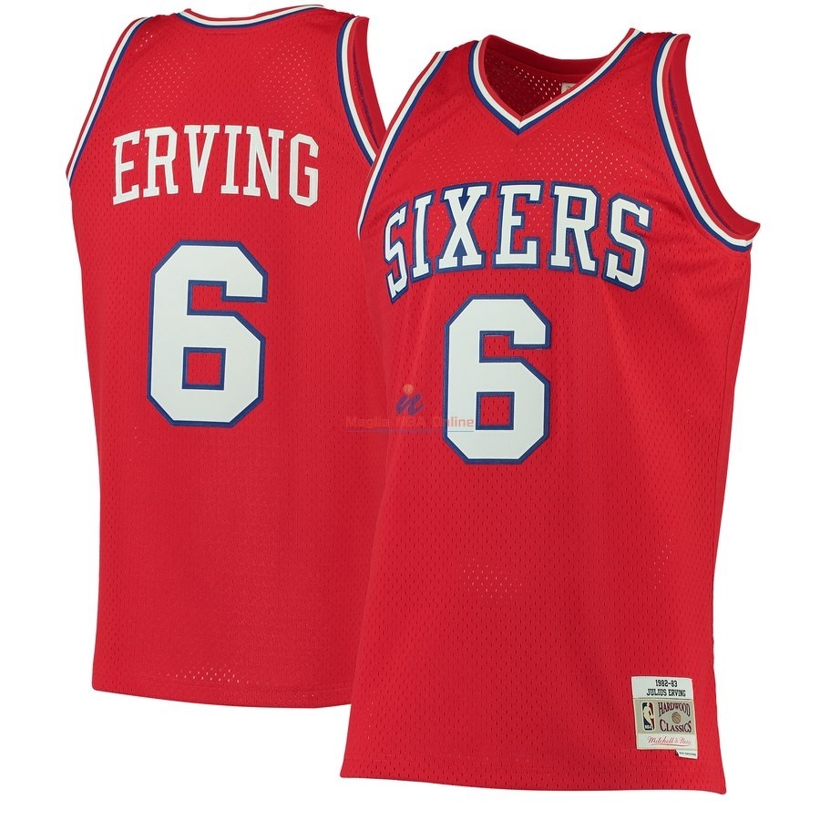 Acquista Maglia NBA Philadelphia Sixers #6 Julius Erving Rosso Hardwood Classics 1982-83