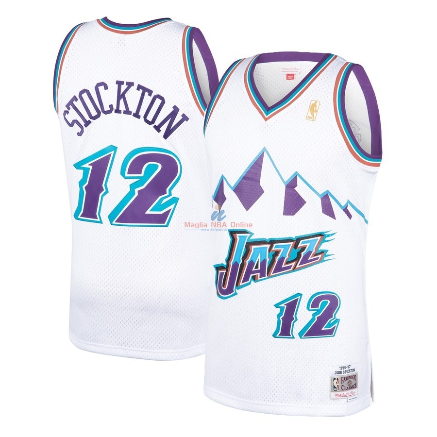 Acquista Maglia NBA Utah Jazz #12 John Stockton Bianco Hardwood Classics 1996-97