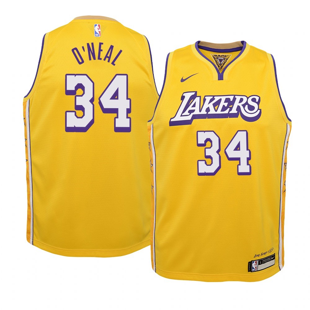 Maglia NBA Bambino Los Angeles Lakers #34 Shaquille O'Neal Nike Giallo Città 2019-20 Acquista