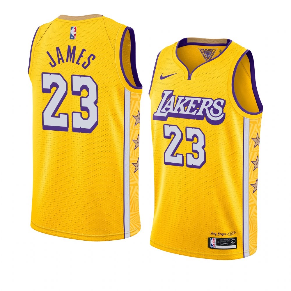 Maglia NBA Nike Los Angeles Lakers #23 LeBron James Nike Giallo Città 2019-20 Acquista