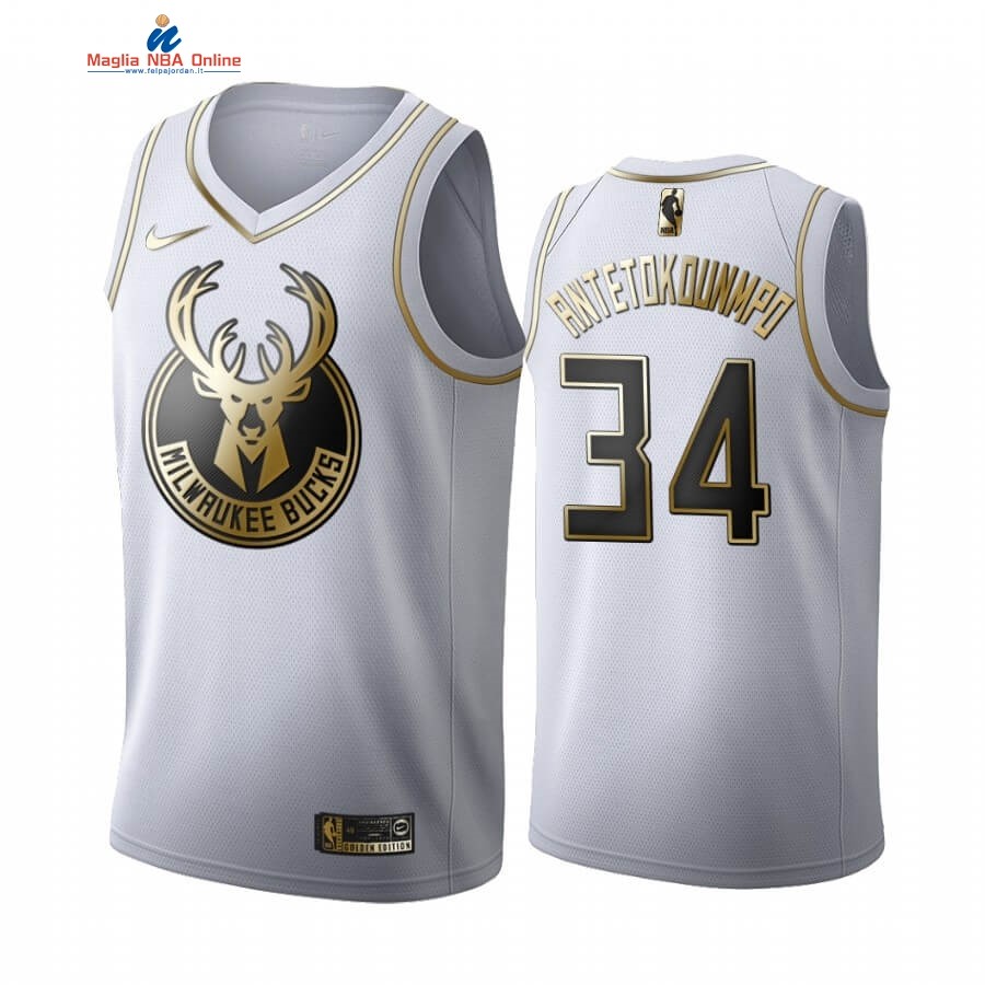 Maglia NBA Nike Milwaukee Bucks #34 Giannis Antetokounmpo Bianco Oro 2019-20 Acquista