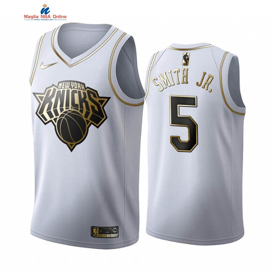 Maglia NBA Nike New York Knicks #5 Dennis Smith Jr Bianco Oro 2019-20 Acquista