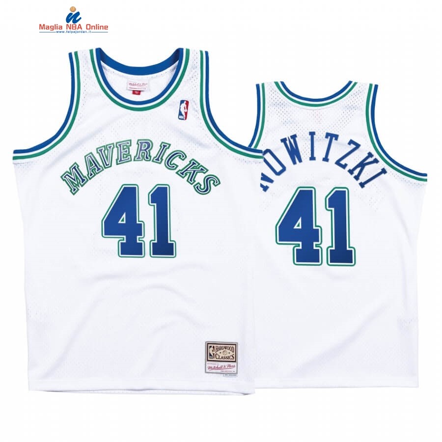 Maglia NBA Dallas Mavericks #41 Dirk Nowitzki Bianco Hardwood Classics Acquista