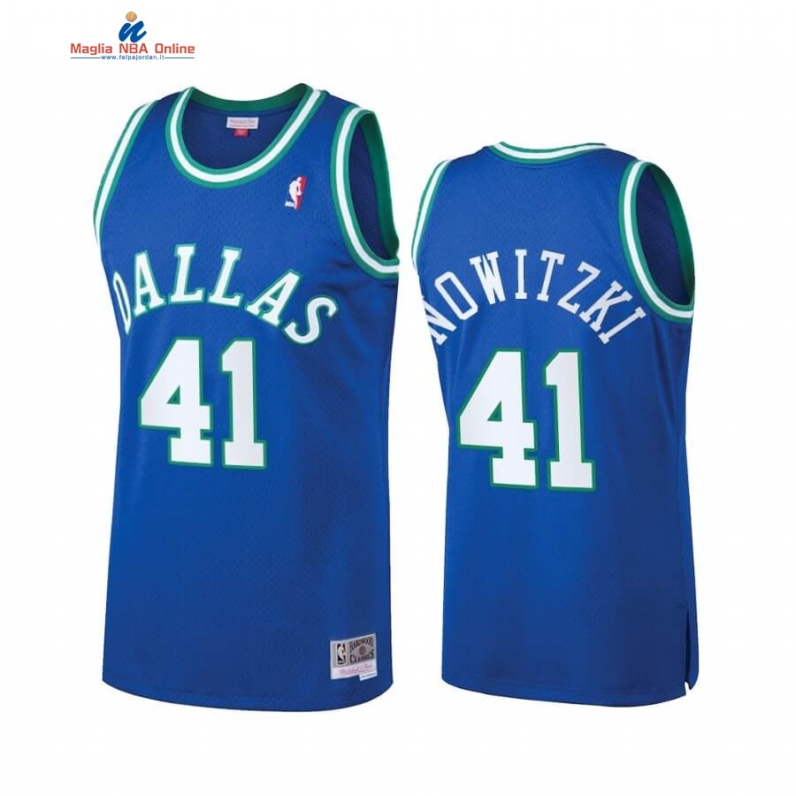 Maglia NBA Dallas Mavericks Heritage #41 Dirk Nowitzki Blu Hardwood Classics Acquista