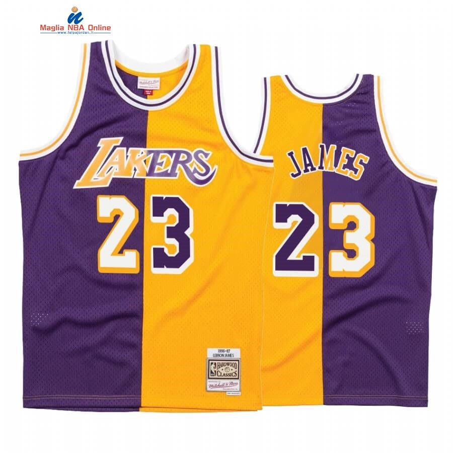 Maglia NBA L.A. Lakers #23 Lebron James Split Porpora Amarillo Hardwood Classics Acquista