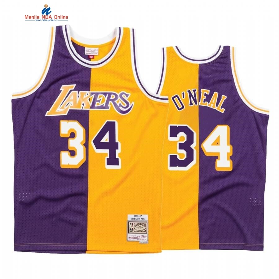 Maglia NBA L.A. Lakers #34 Shaquille O'Neal Split Porpora Amarillo Hardwood Classics Acquista