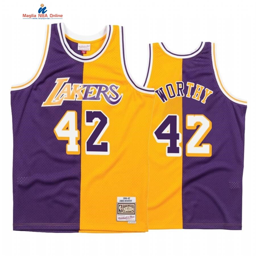 Maglia NBA L.A. Lakers #42 James Worthy Split Porpora Amarillo Hardwood Classics Acquista