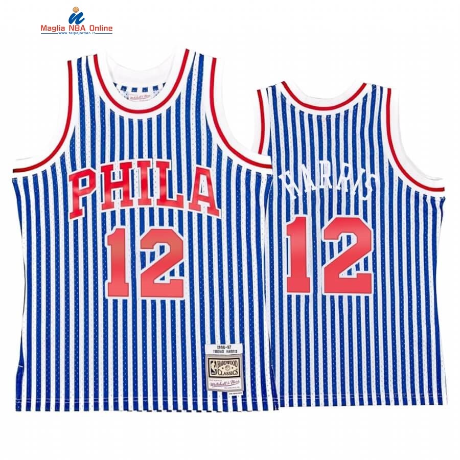 Maglia NBA Philadelphia Sixers Striped #12 Tobias Harris Blu Hardwood Classics Acquista