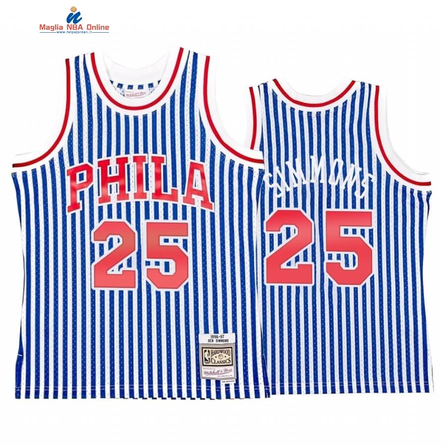 Maglia NBA Philadelphia Sixers Striped #25 Ben Simmons Blu Hardwood Classics Acquista