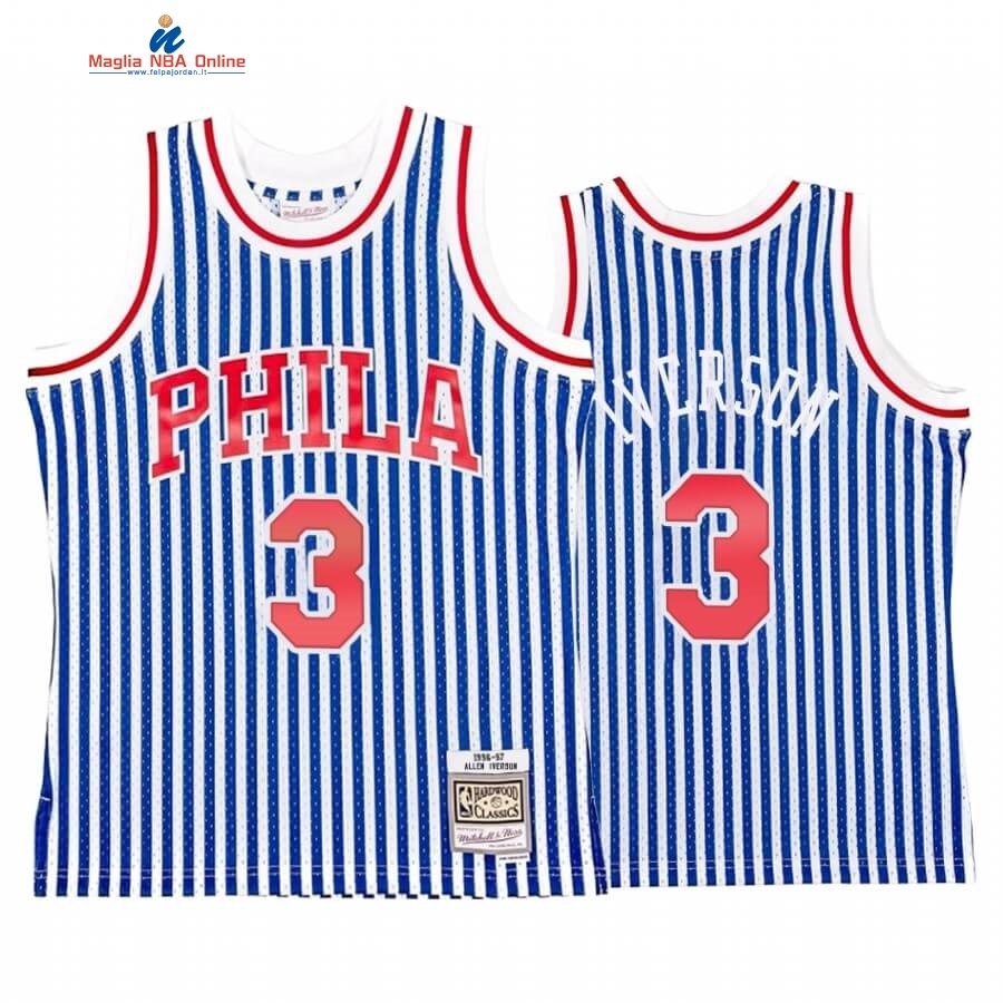 Maglia NBA Philadelphia Sixers Striped #3 Allen Iverson Blu Hardwood Classics Acquista