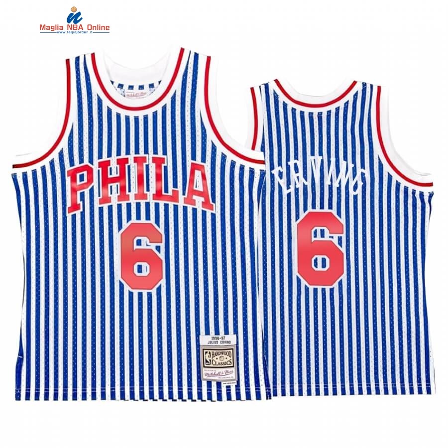 Maglia NBA Philadelphia Sixers Striped #6 Julius Erving Blu Hardwood Classics Acquista