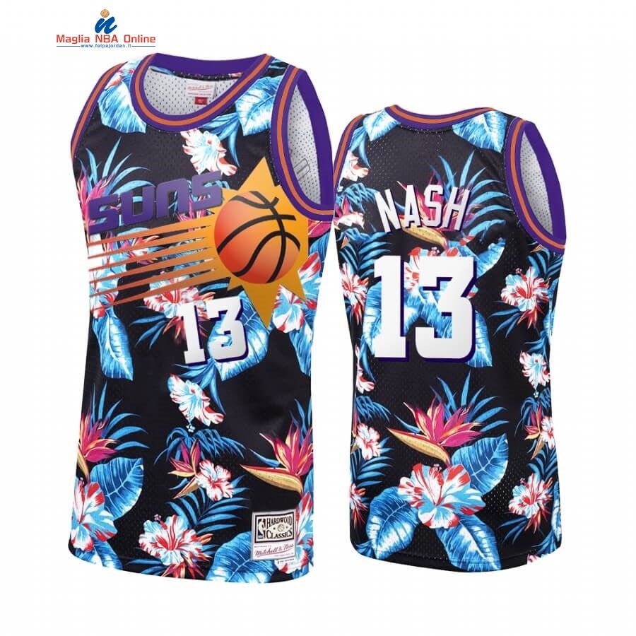 Maglia NBA Phoenix Suns floreale Fashion #13 Steve Nash Nero Hardwood Classics Acquista